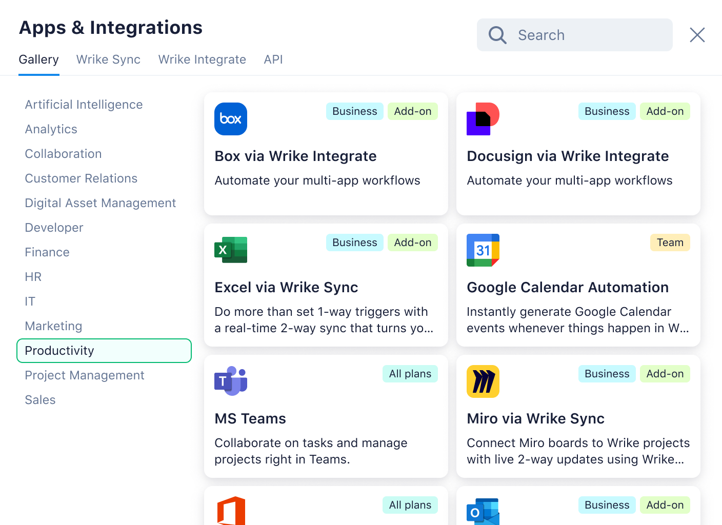 Wrike Apps & Integrations panel showing popular productivity integrations.