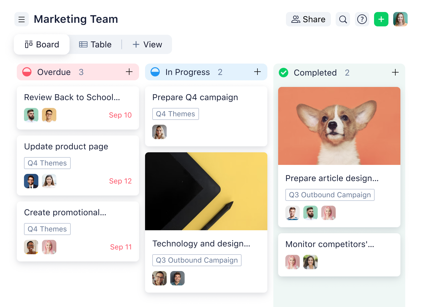 Wrike project management board view showing task cards with progress bars in columns.