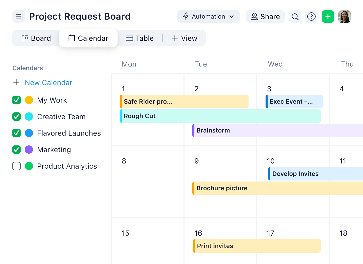 Wrike monthly calendar view displaying project tasks with colored bars and deadline list.
