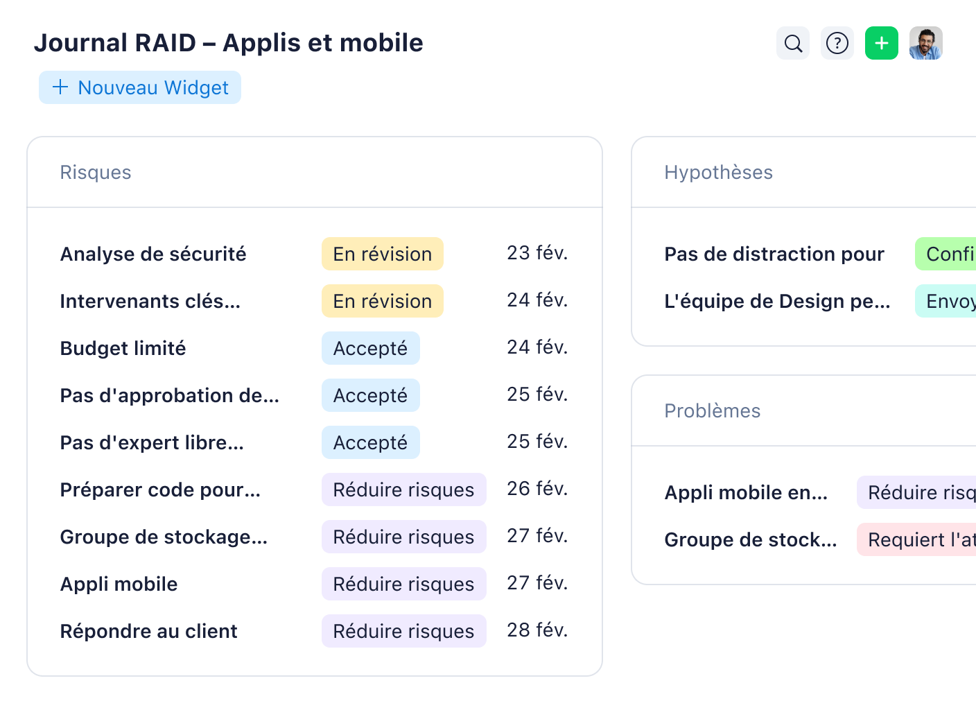Tableaux de bord Wrike avec journal RAID, applications et vue mobile.