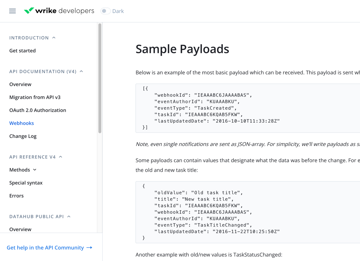 Wrike Developer Portal dashboard with API endpoints list.