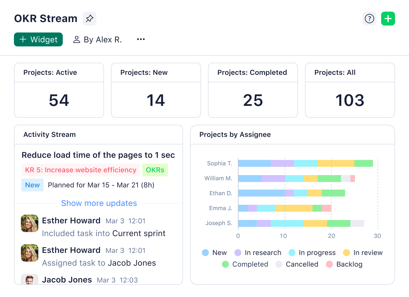 Wrike dashboards interface with activity stream and project metrics widgets.