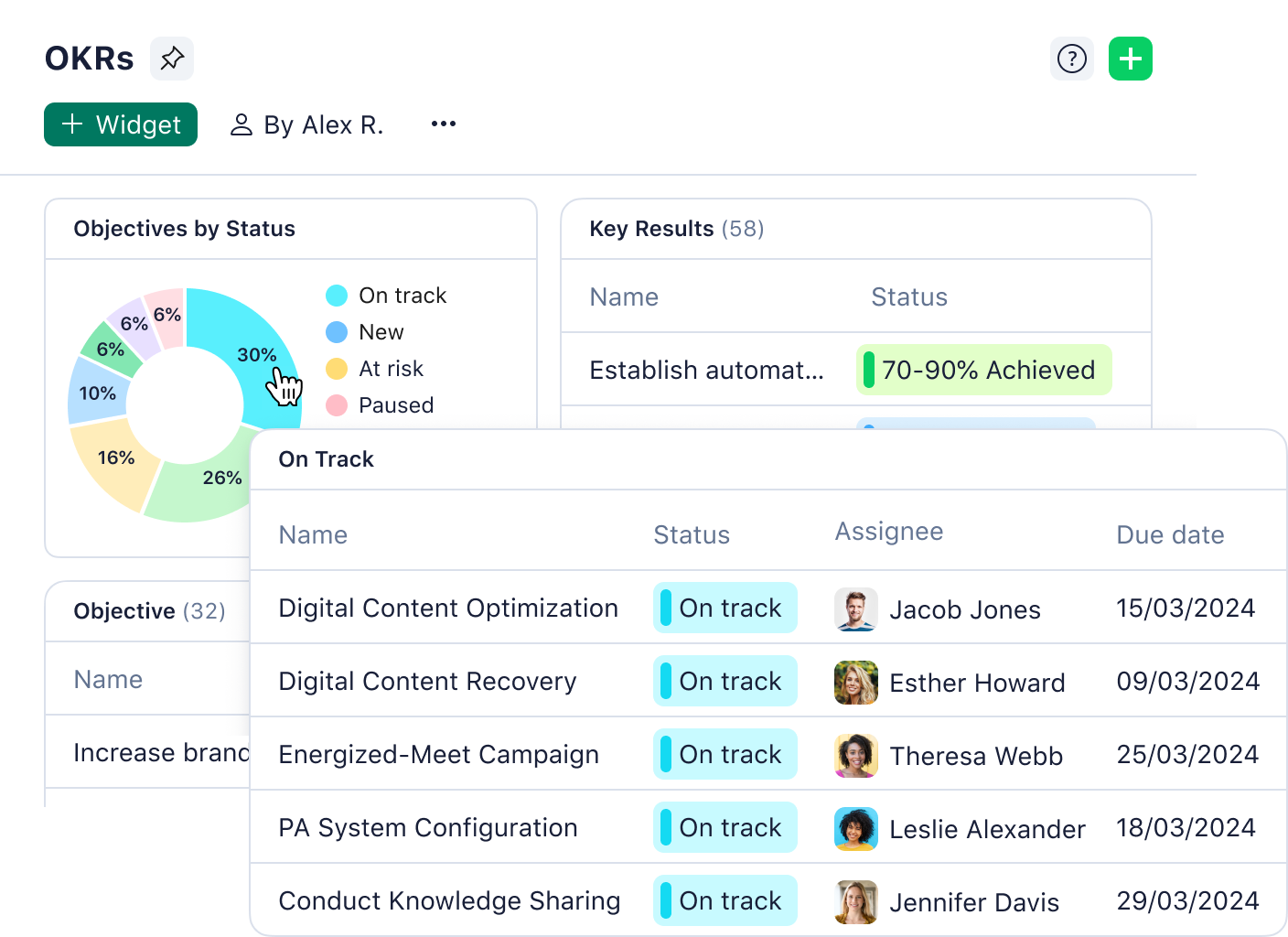 New Company OKRs dashboard with progress circles, status bars and filter options.