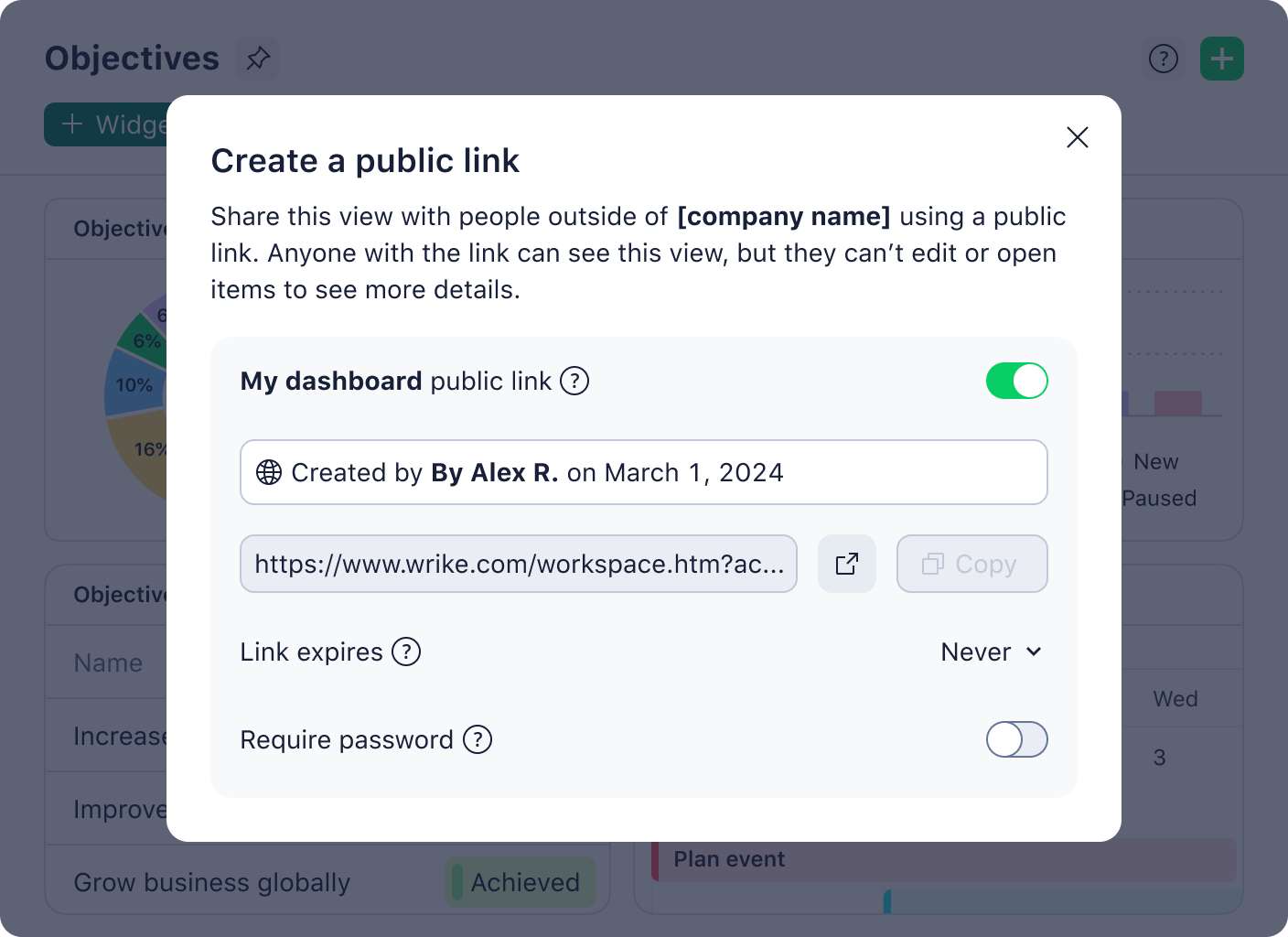 New Wrike dashboards interface with share button and task charts for status, priority and lateness.