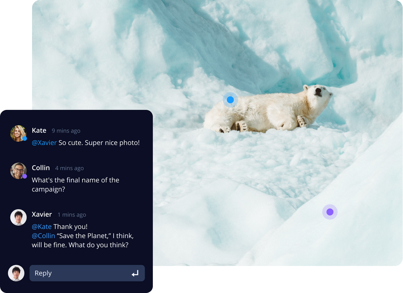 Wrike proofing panel with Save the Planet feedback comment and task status indicators.