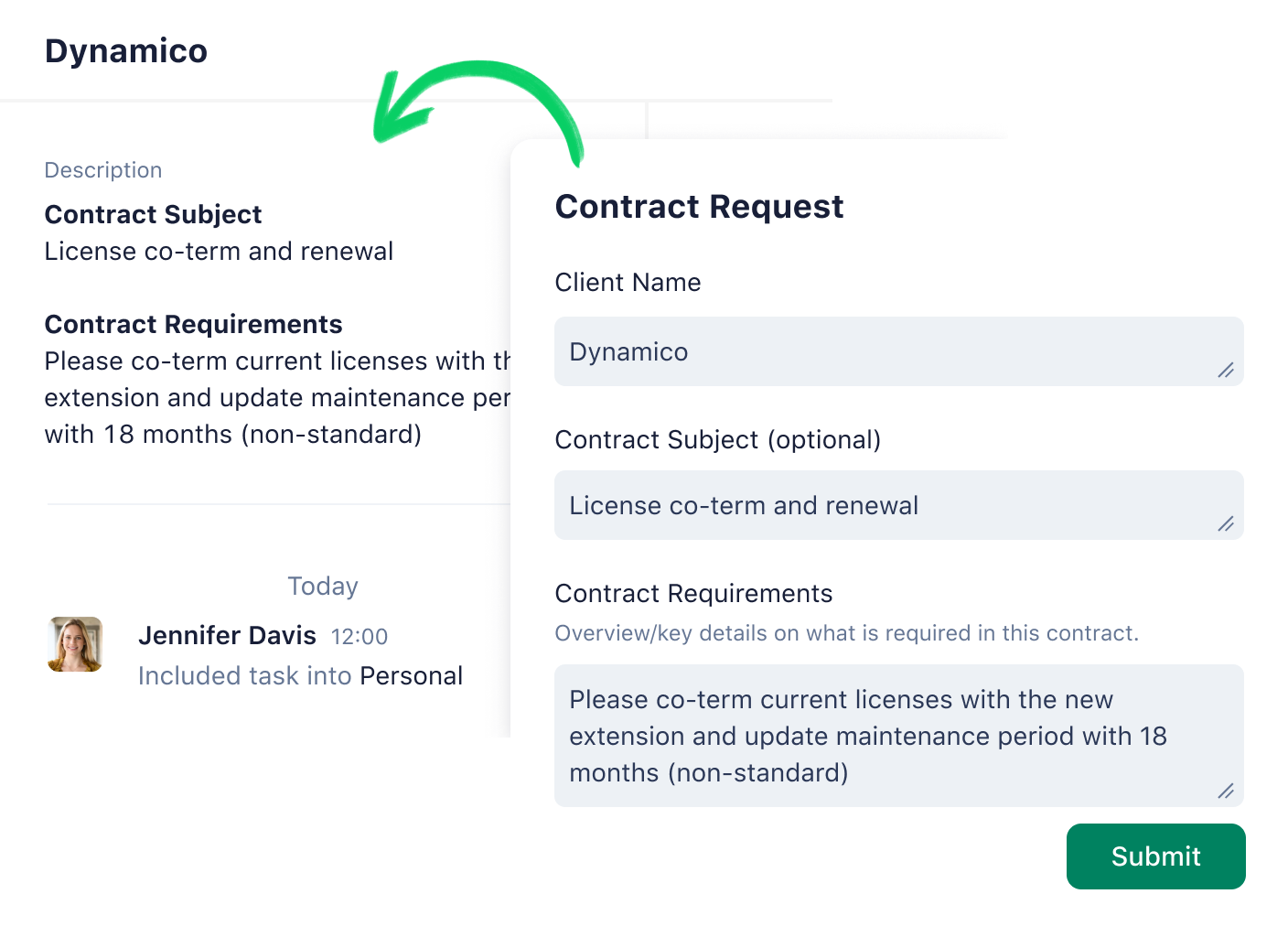 Wrike request form and task view with status, request type, summary and attachments.
