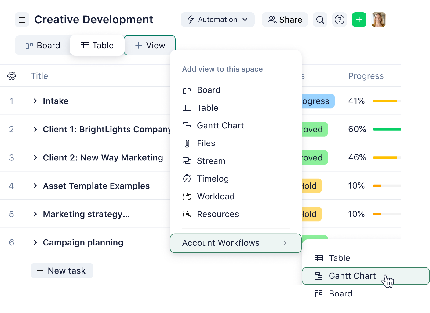Wrike PSA FS Frequently Asked Questions table view dropdown menu.
