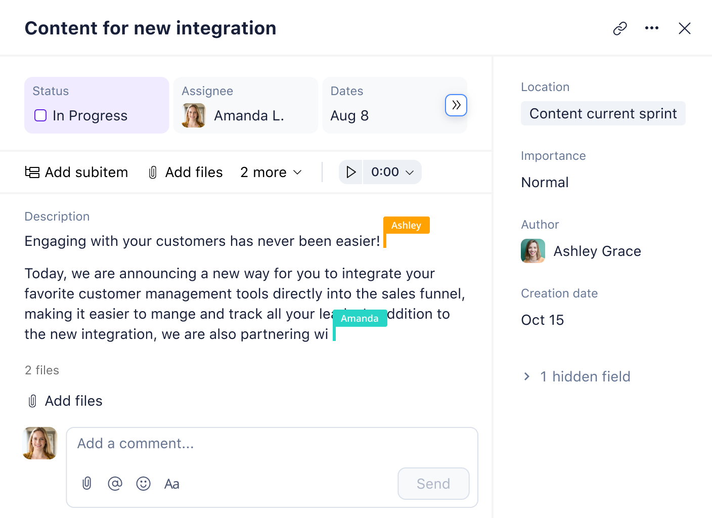Wrike task view displaying New Integration task details with status, assignees, and workflow tabs.